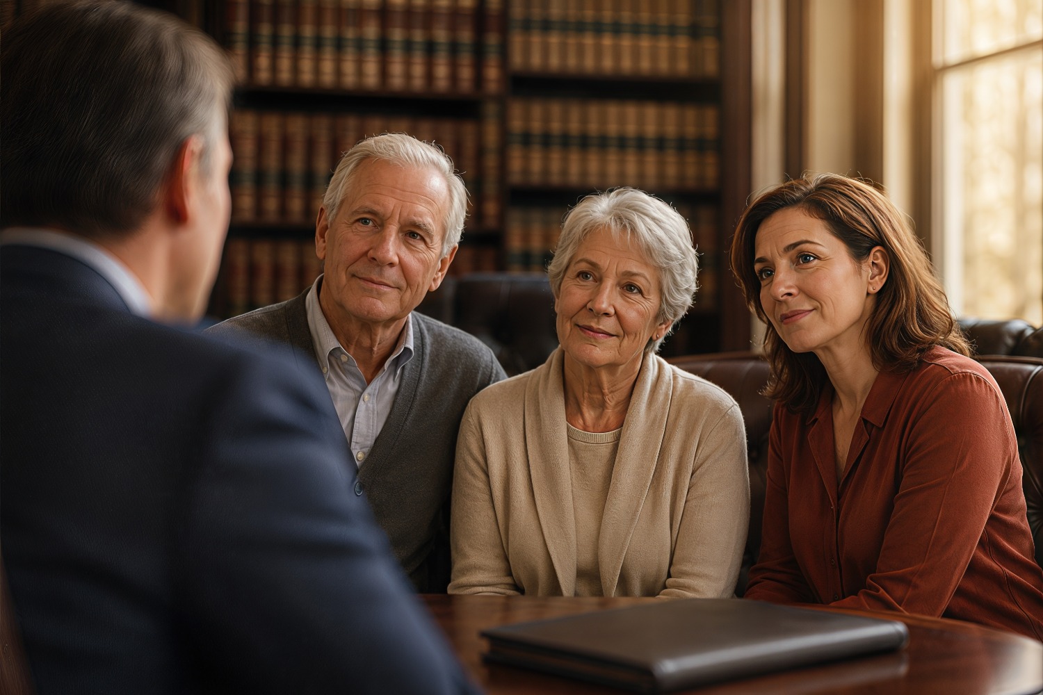 Elder law attorney meeting with a senior couple and their adult daughter