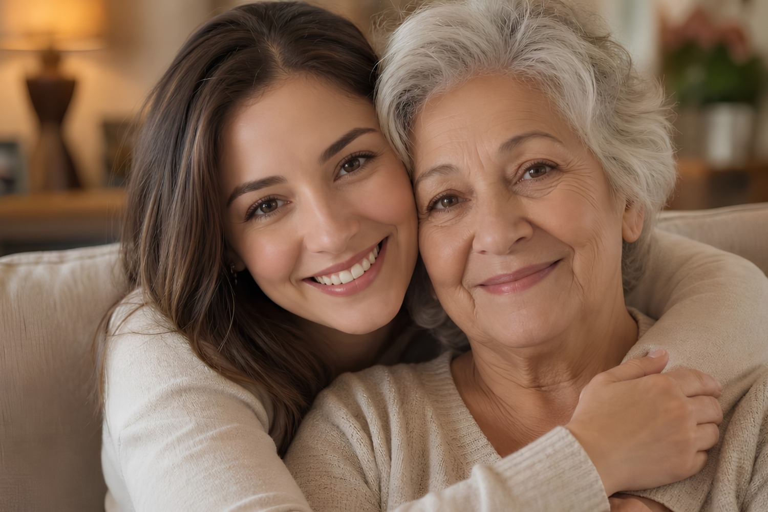Adult daughter hugging her elderly mother